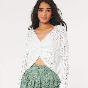 Hollister White easy crochet eyelet longsleeve Knit Twist Sweater XS